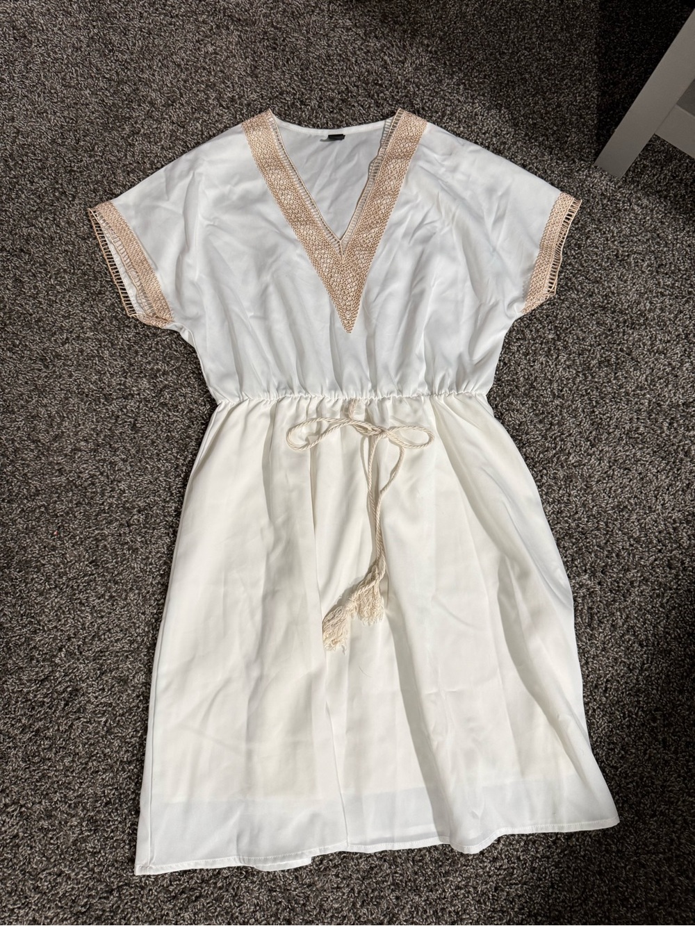 White V-Neck Crochet Trim Drawstring Midi Swim Coverup Dress